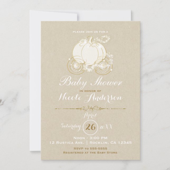 Gold Cinderella Carriage Kraft Modern Baby Shower Invitation (Front)