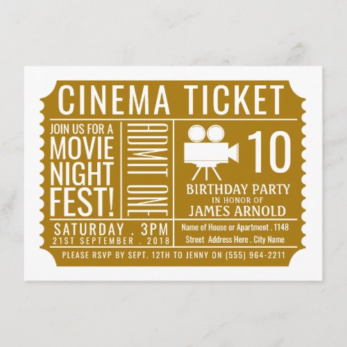 Gold Cinema Ticket Kids Birthday Party Ticket Enclosure Card