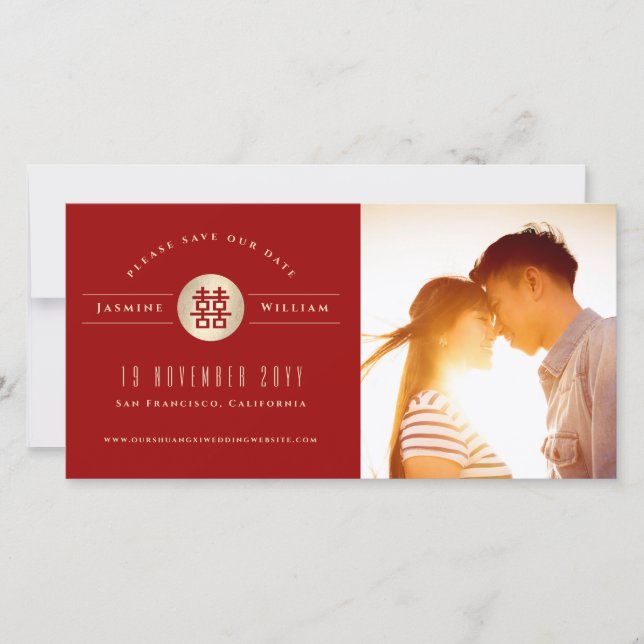 Gold Circle Double Happiness Chinese Wedding Photo Save The Date (Front)