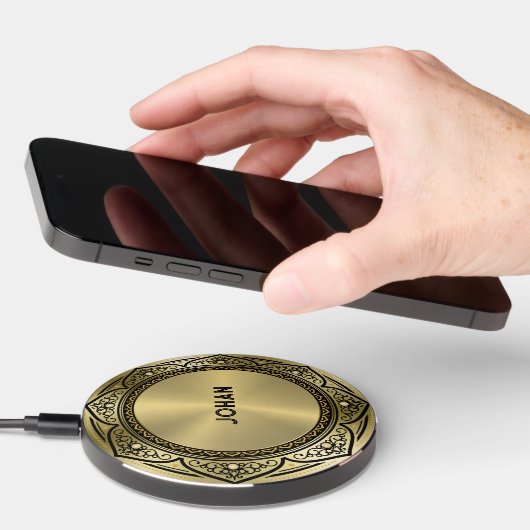 Gold Circle lace mandala with monogram Wireless Charger (Hand)