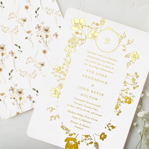 Gold  Circle Monogram Oval Dried Wildflower Foil Invitation