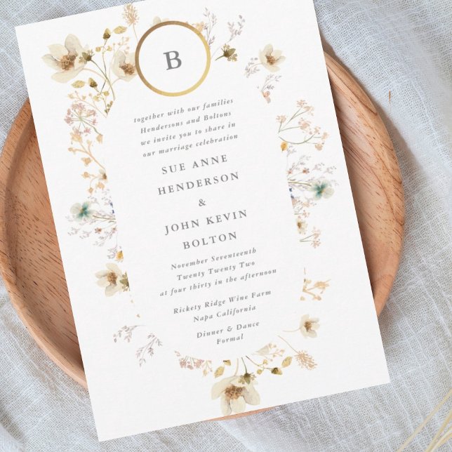 Gold Circle Monogram Oval Dried Wildflower Wedding Invitation (Creator Uploaded)