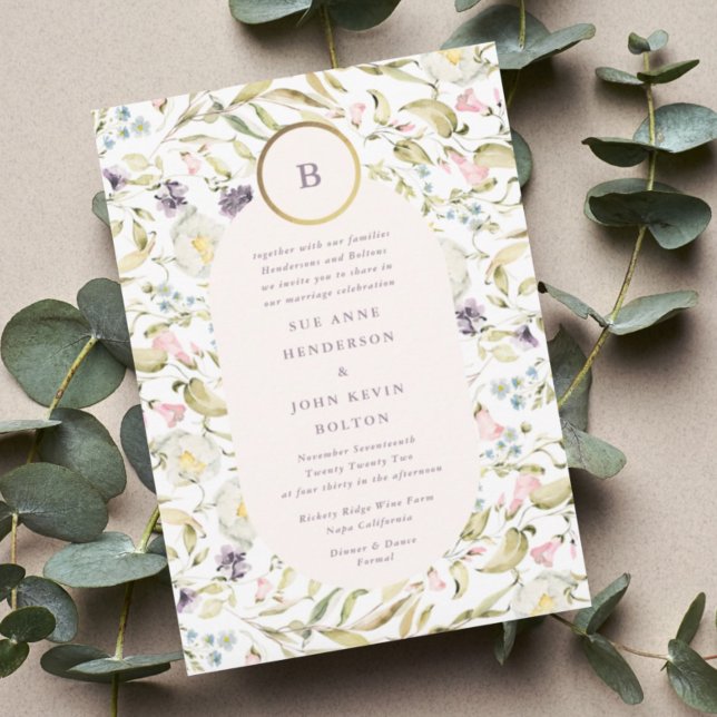 Gold Circle Monogram Wildflower Oval Wedding Invitation (Creator Uploaded)