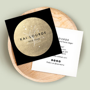 Gold Circle Plant Leaves and Stars  Square  Square Business Card