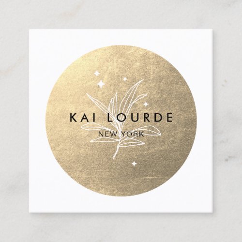 Gold Circle Plant Leaves and Stars  Square  Square Square Business Card