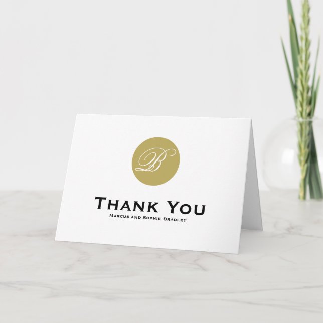 Gold Circle Script Monogram Wedding Thank You Card (Front)