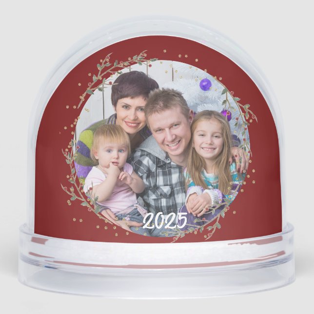 Gold Circle & Warm Red Family Photo Christmas Card Snow Globe (Front)