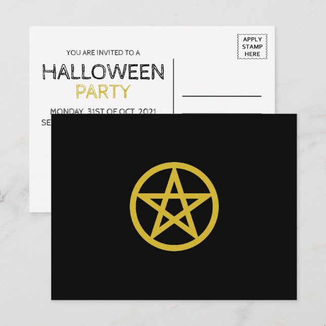Gold Circled Pentagram, Halloween Party Invitation Postcard (Front/Back)