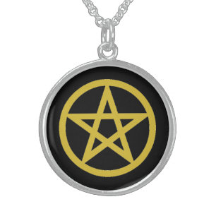 Gold Circled Pentagram, Halloween Sterling Silver Necklace