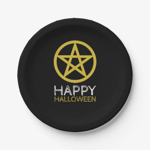 Gold Circled Pentagram Happy Halloween Paper Plates