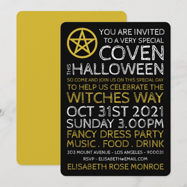 Gold Circled Pentagram, Witches Halloween Party Invitation (Front/Back)