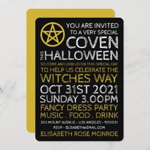 Gold Circled Pentagram, Witches Halloween Party Invitation