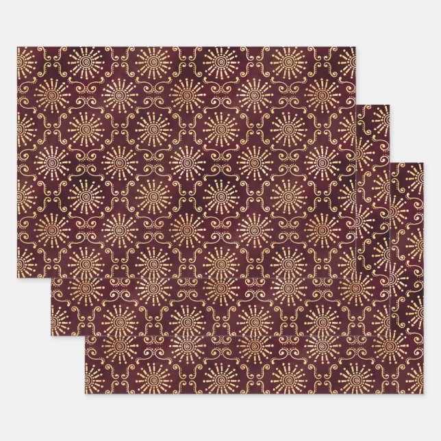 Gold Circles and Swirls on Dark Red Wrapping Paper Sheets (Set)