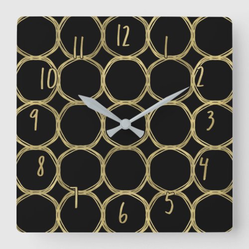 Gold Circles  Black Modern Trendy Chic Square Wall Clock