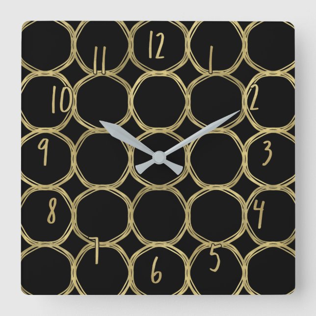 Gold Circles & Black Modern Trendy Chic Square Wall Clock (Front)
