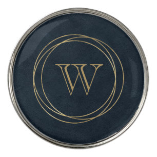 Gold Circles Blue-Black Faux Leather Monogram Golf Ball Marker