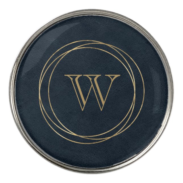 Gold Circles Blue-Black Faux Leather Monogram Golf Ball Marker (Front)