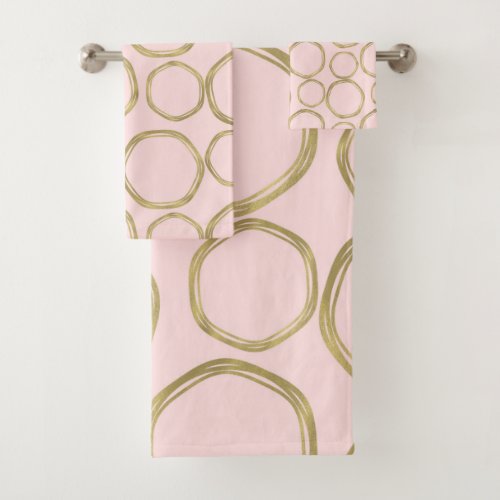 Gold Circles  Blushing Pink Modern Trendy Bath Towel Set