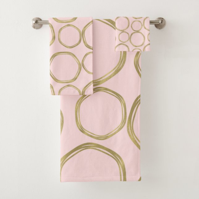 Gold Circles & Blushing Pink Modern Trendy Bath Towel Set (Insitu)