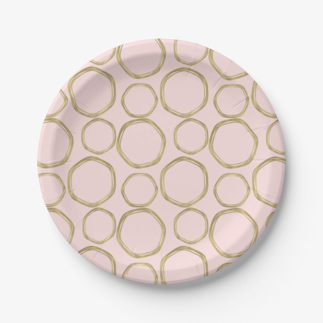 Gold Circles & Blushing Pink Modern Trendy Chic Paper Plates (Front)