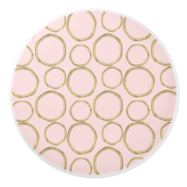 Gold Circles & Blushing Pink Modern Trendy Mod Ceramic Knob (Front)