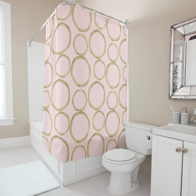 Gold Circles & Blushing Pink Modern Trendy Shower Curtain (In Situ)