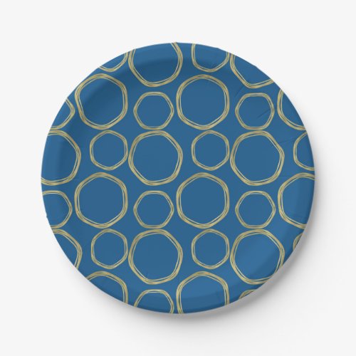 Gold Circles  Bright Blue Modern Trendy Paper Plates