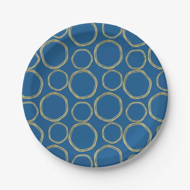 Gold Circles & Bright Blue Modern Trendy Paper Plates (Front)
