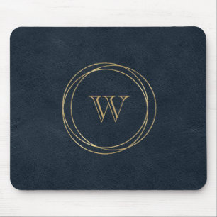 Gold Circles Dark Blue Monogram Mouse Pad