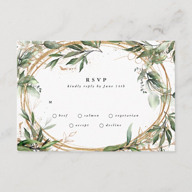 Gold Circles Eucalyptus Elegant Greenery Moss RSVP Card (Front)