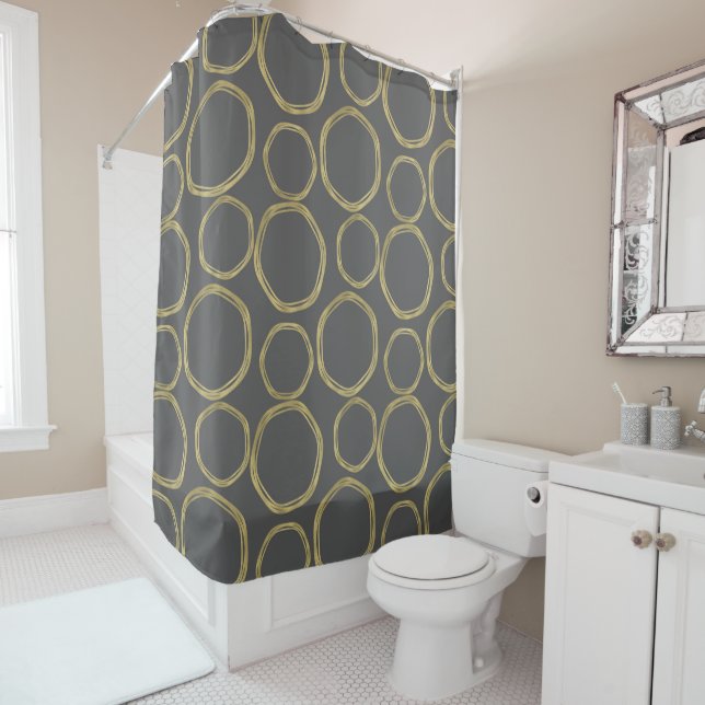 Gold Circles & Grey Modern Trendy Shower Curtain (In Situ)