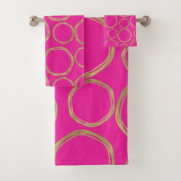 Gold Circles &amp; Hot Pink Bright Bold Modern Trendy Bath Towel Set