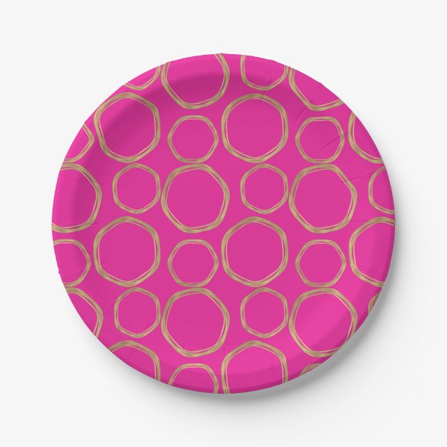 Gold Circles & Hot Pink Bright Bold Modern Trendy Paper Plates (Front)