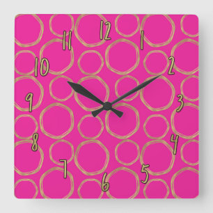 Gold Circles & Hot Pink Modern Trendy Chic Square Wall Clock