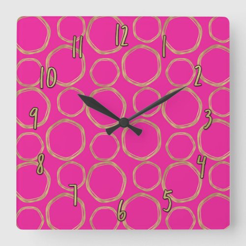 Gold Circles  Hot Pink Modern Trendy Chic Square Wall Clock