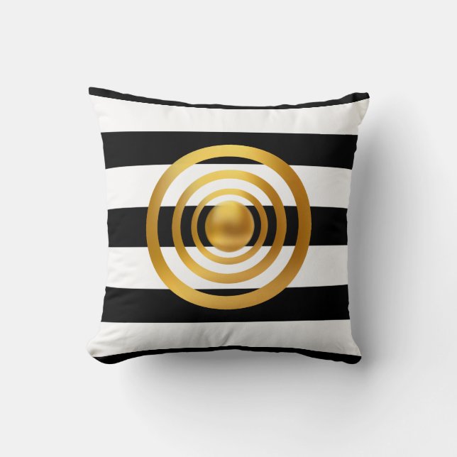Gold Circles on Black and White Striped Throw Pillow (Front)