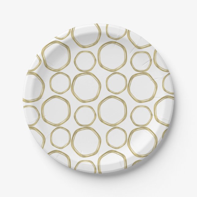 Gold Circles On White Modern Trendy Paper Plates (Front)