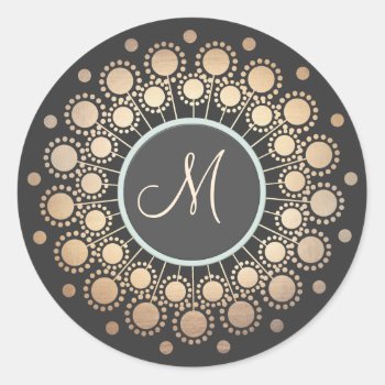 Gold Circles Ornate Monogrammed  Black Classic Round Sticker by pixiestick at Zazzle