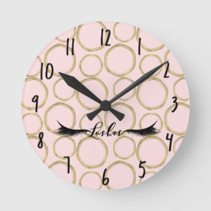 Gold Circles & Pink Modern Glam Lashes Salon Round Clock