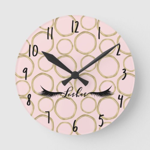 Gold Circles  Pink Modern Glam Lashes Salon Round Clock