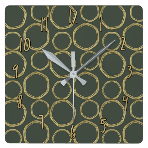 Gold Circles &amp; Rustic Olive Green Modern Chic Square Wall Clock