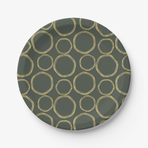 Gold Circles & Rustic Olive Green Modern Trendy Paper Plate