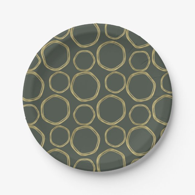 Gold Circles & Rustic Olive Green Modern Trendy Paper Plates (Front)
