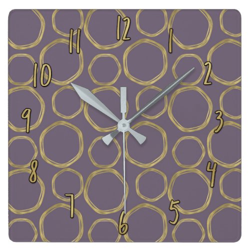 Gold Circles &amp; Rustic Taupe Purple Modern Chic Square Wall Clock