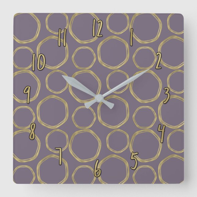 Gold Circles & Rustic Taupe Purple Modern Chic Square Wall Clock (Front)