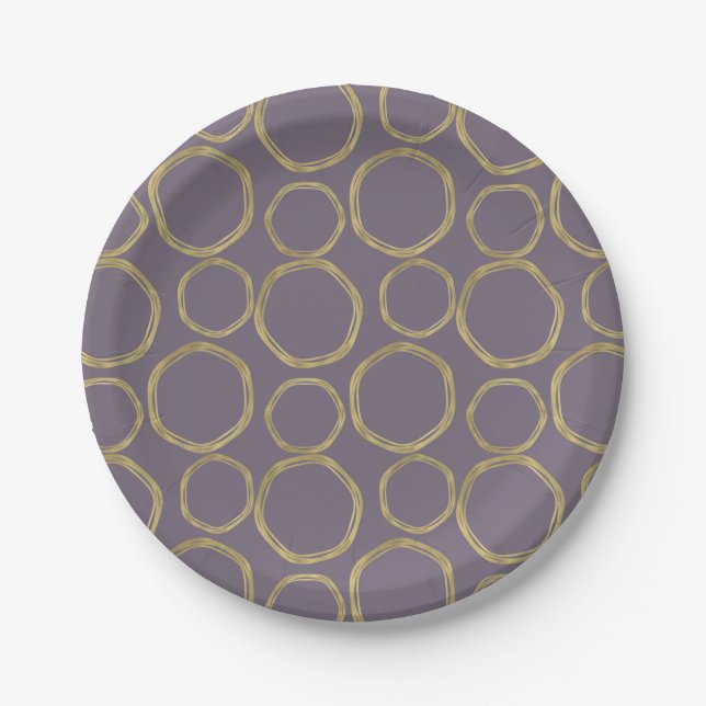 Gold Circles & Rustic Taupe Purple Modern Trendy Paper Plates (Front)