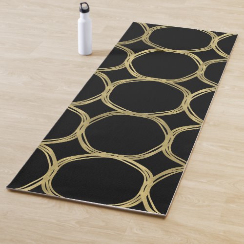 Gold Circles  Sleek Black Modern Trendy Chic Yoga Mat