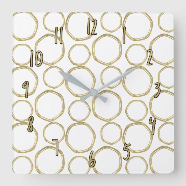 Gold Circles & White Modern Trendy Chic Square Wall Clock (Front)