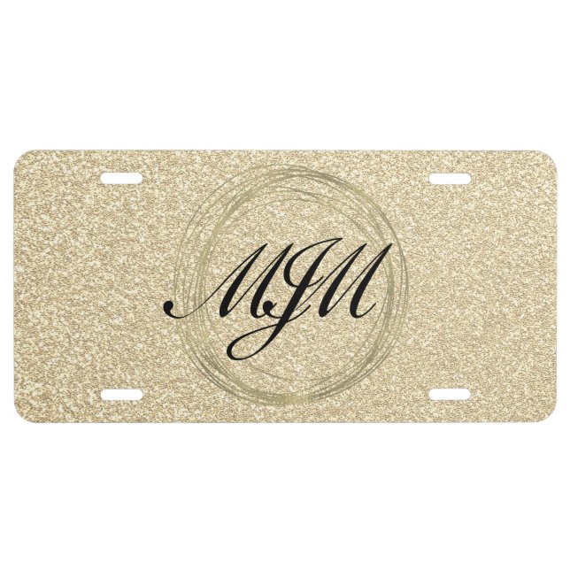 Gold Circular Monogrammed  Faux Glitter Pattern   License Plate (Front)