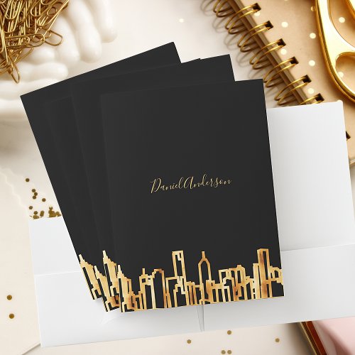 Gold city skyline black business professional pocket folder